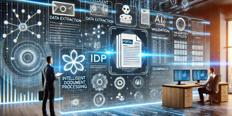 DALL·E 2025-01-07 15.24.13 - A visually appealing and futuristic representation of Intelligent Document Processing (IDP) in action. The image features a sleek, AI-driven portal in