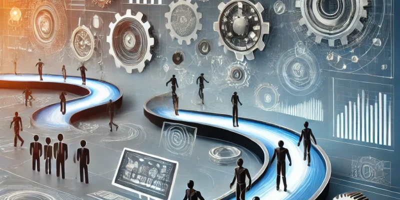 DALL·E 2025-01-10 16.31.55 - A modern digital illustration representing the concept of automated business processes. The image shows abstract human figures working alongside strea